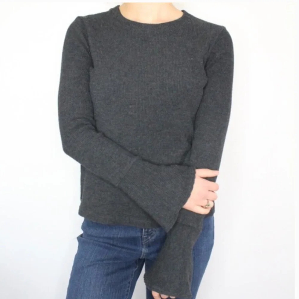 Madewell Gray Bell Sleeve Thermal Ribbed Top